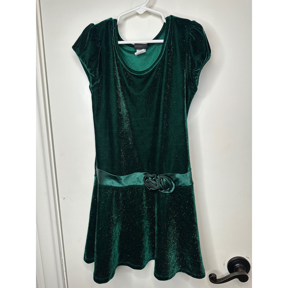 Holiday Editions Girls Green Glitter Velvet Dress Satin Rosette Size 7/8 Medium